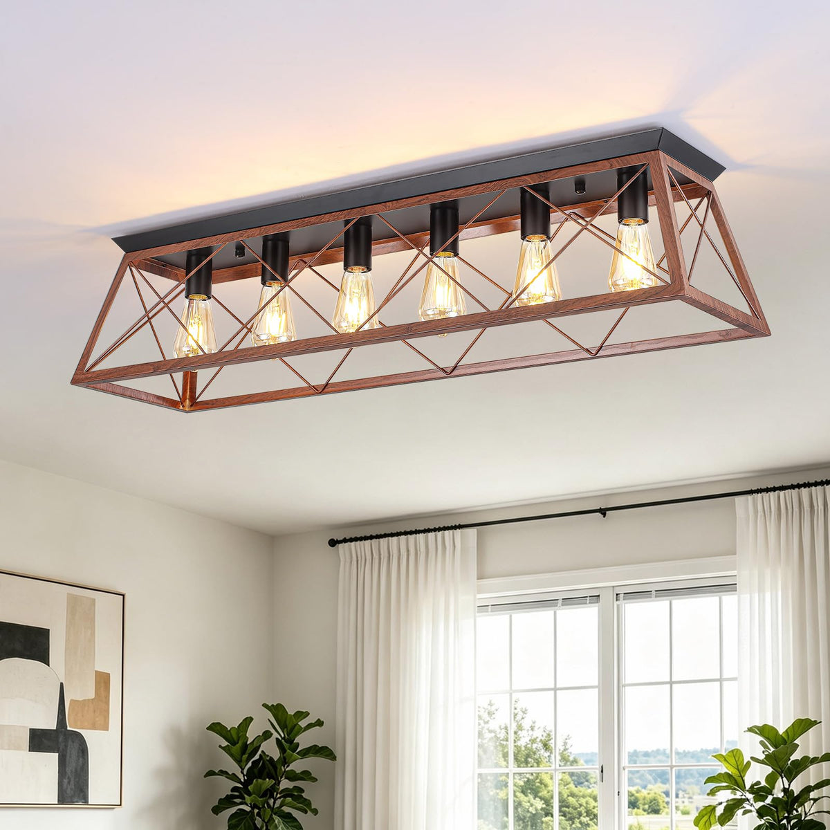 38” Farmhouse Large Flush Mount Ceiling Light Fixture with Walnut Finish