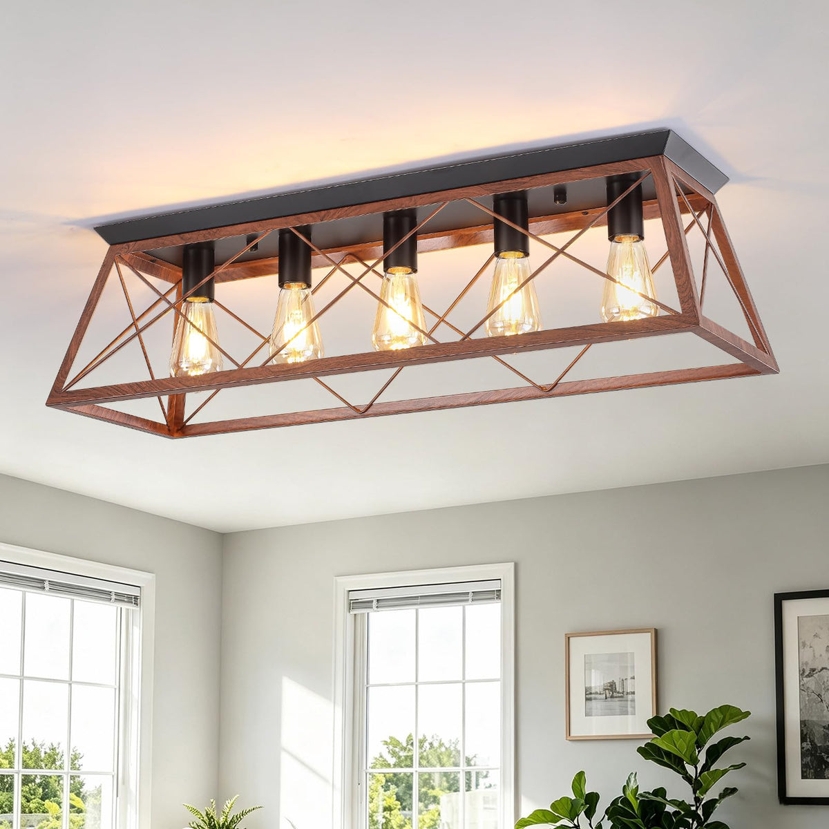 38” Farmhouse Large Flush Mount Ceiling Light Fixture with Walnut Finish