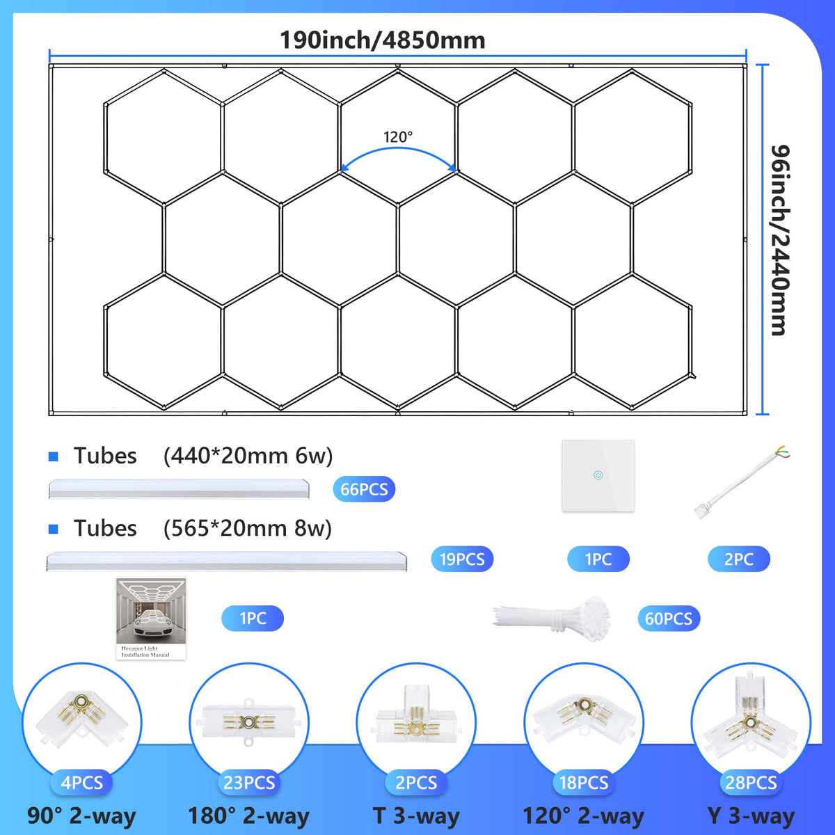 ALLYES Hexagon Garage Lights,Ceiling Lights Super Bright Lighting,with Smart Switch,3000K/4500K/6500K,Car Detailing Ceiling Light for Workshop Warehouse Basement Gym Auto Detailing Auto Detailing