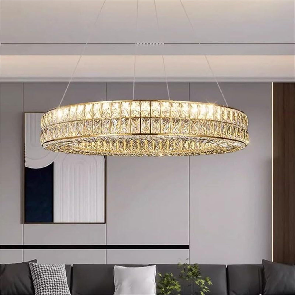 Modern Round Light Luxury Living Room Chandelier 3 Color Mode K9 Crystal Shade Smart Hanging Lamp Gold Semi Flush Mount Ceiling Light Fixture for Villa Restaurant Corridor Hotel