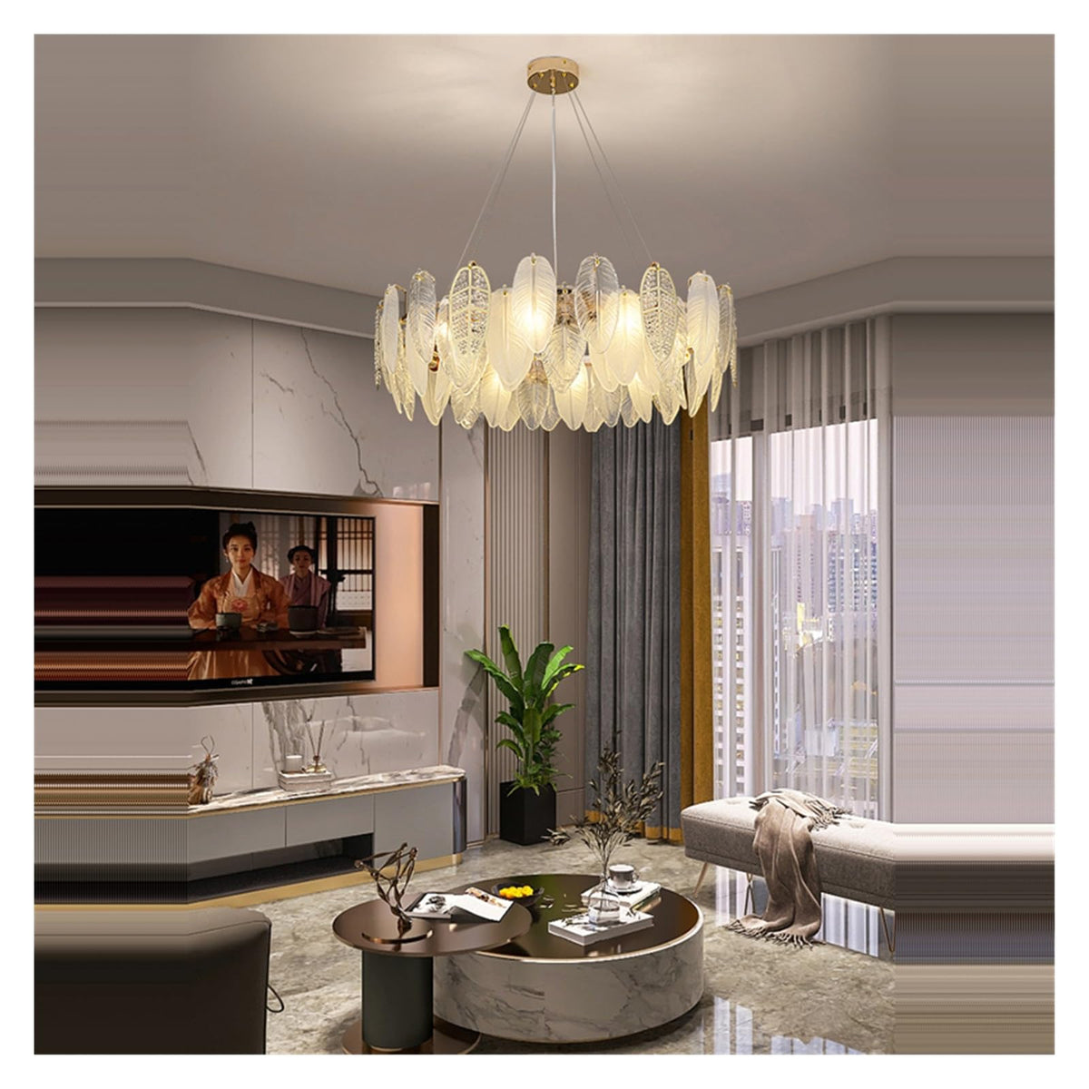 Modern Chandelier, Autumn Leaves Led Art Deco Glass Dimmable Hanging Lamps Designer Suspension Luminaire Lampen Pendant Light for Living Room(130cm Wave,Dimmable+D35x155)