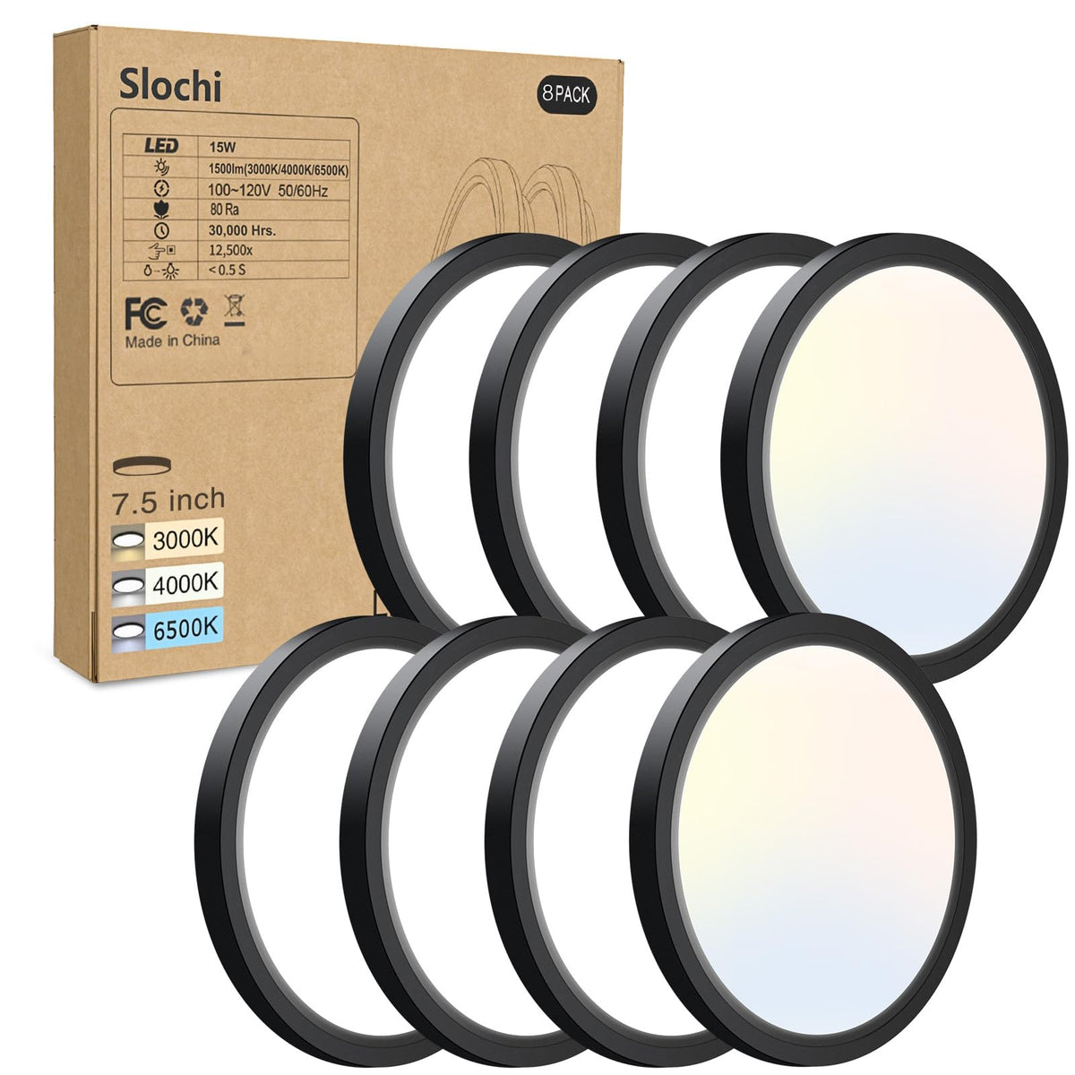 8PACK LED Flush Mount Ceiling Light Fixture, 3000K-4000K-6500K & 150W Equivalent Modern Kitchen Recessed Ceiling Lamp 24W 3200Lm 12Inch Closet Round Surface for Bathroom Laundry Bedroom Hallway