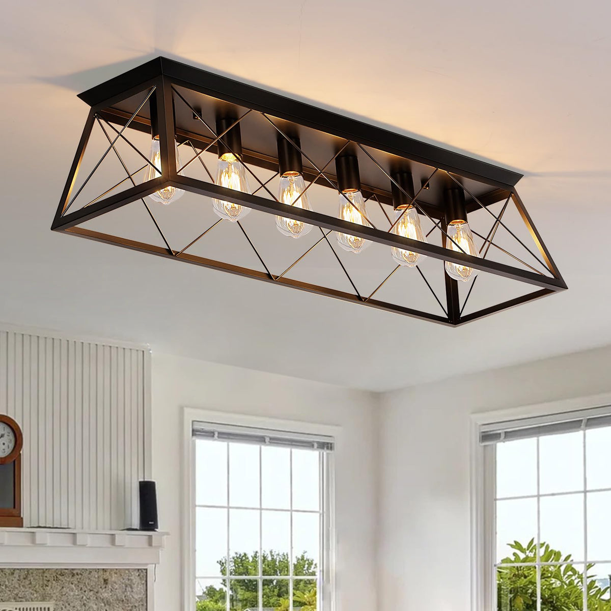 38” Farmhouse Large Flush Mount Ceiling Light Fixture with Walnut Finish
