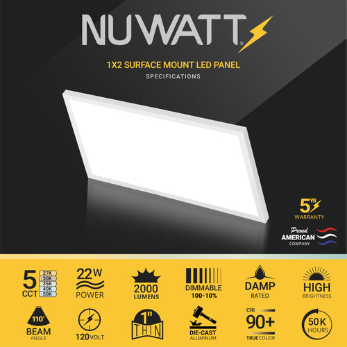 4 Pack 1x2 LED Flat Panel Light Surface Mount, 27000K-5000K, CRI 90