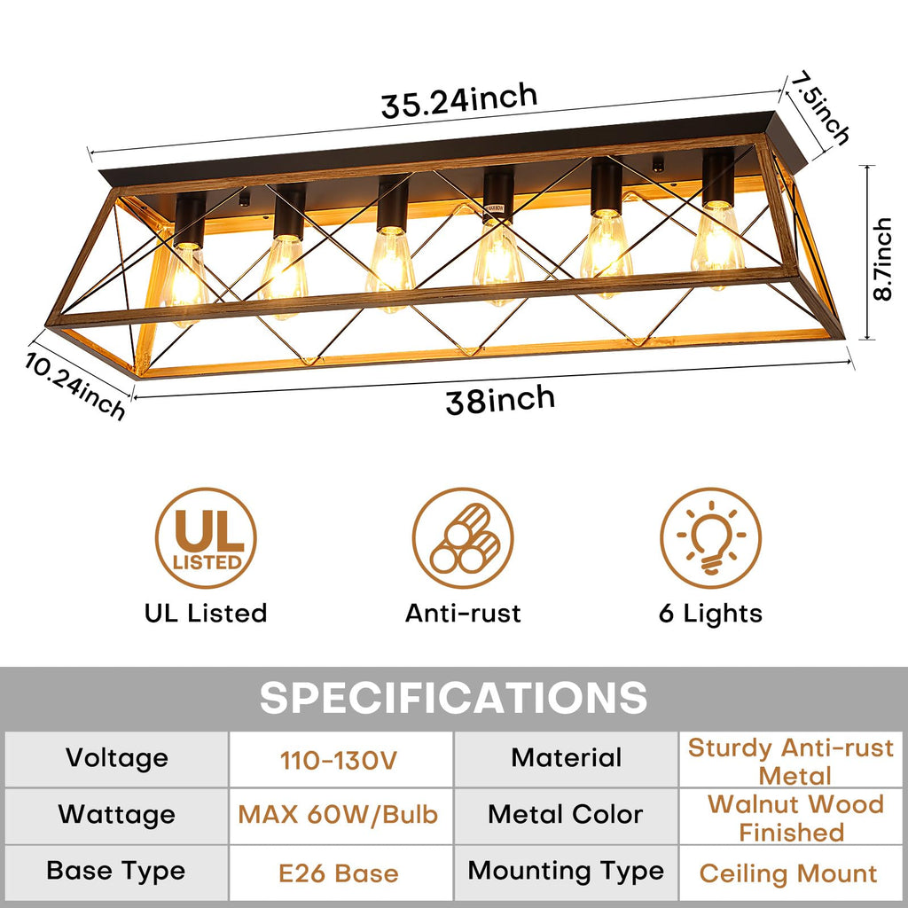38” Farmhouse Large Flush Mount Ceiling Light Fixture with Walnut Finish