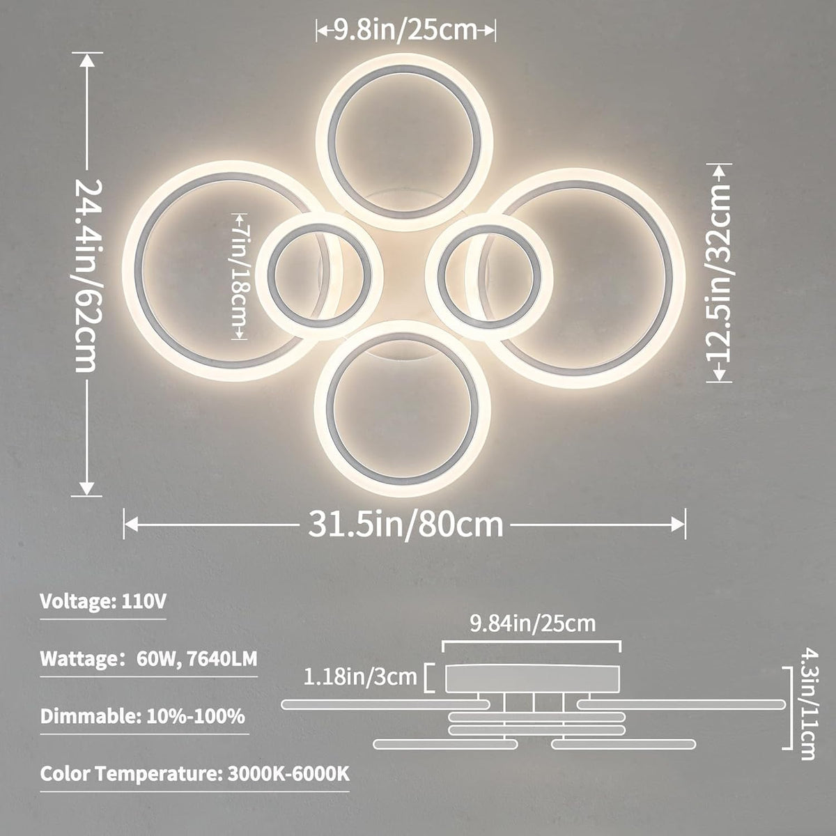 1pc 6 Rings Modern White Light Fixture Ceiling Mount with 1pc 8 Rings Square White Modern LED Ceiling Light Dimmbable Brightness and 3000-6000K Light Color by Remote Control