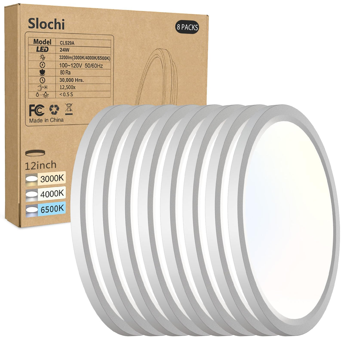 8PACK LED Flush Mount Ceiling Light Fixture, 3000K-4000K-6500K & 150W Equivalent Modern Kitchen Recessed Ceiling Lamp 24W 3200Lm 12Inch Closet Round Surface for Bathroom Laundry Bedroom Hallway