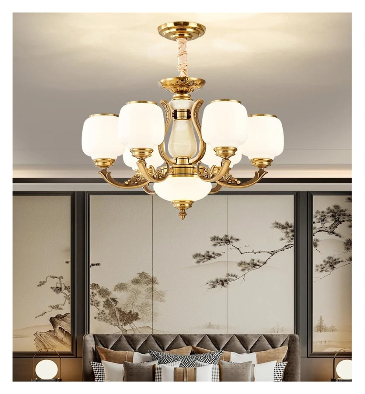 Natural Jade Center Column Glass Lampshade European Chandelier Available for High Ceiling Living Room Dining Room