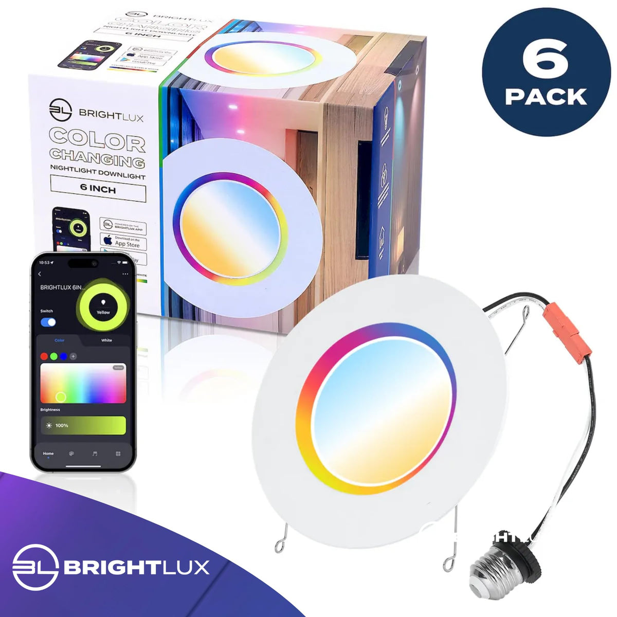 Works with Alexa and Google Home, 6 in. Smart Color Changing Nightlight Downlight 6 Pack, 12W LED Recessed Ceiling Light, App Control, 1000 Lumens, Damp Rated, BL-SNDL-CC-6IN-6PK (6 Pack)