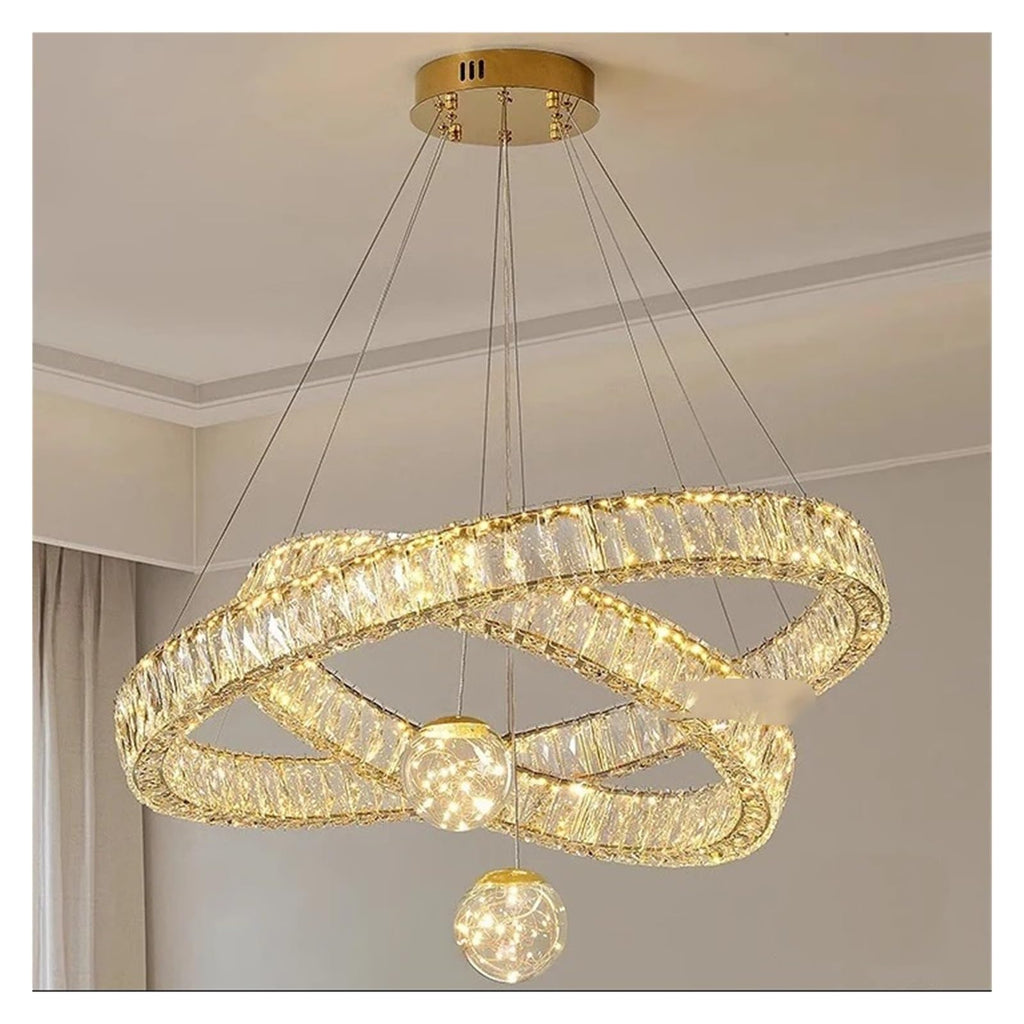 Modern Intertwined Double Ring Crystal LED Pendant Light Gold Frame Irregular Loop Hanging Chandelier,Warmth