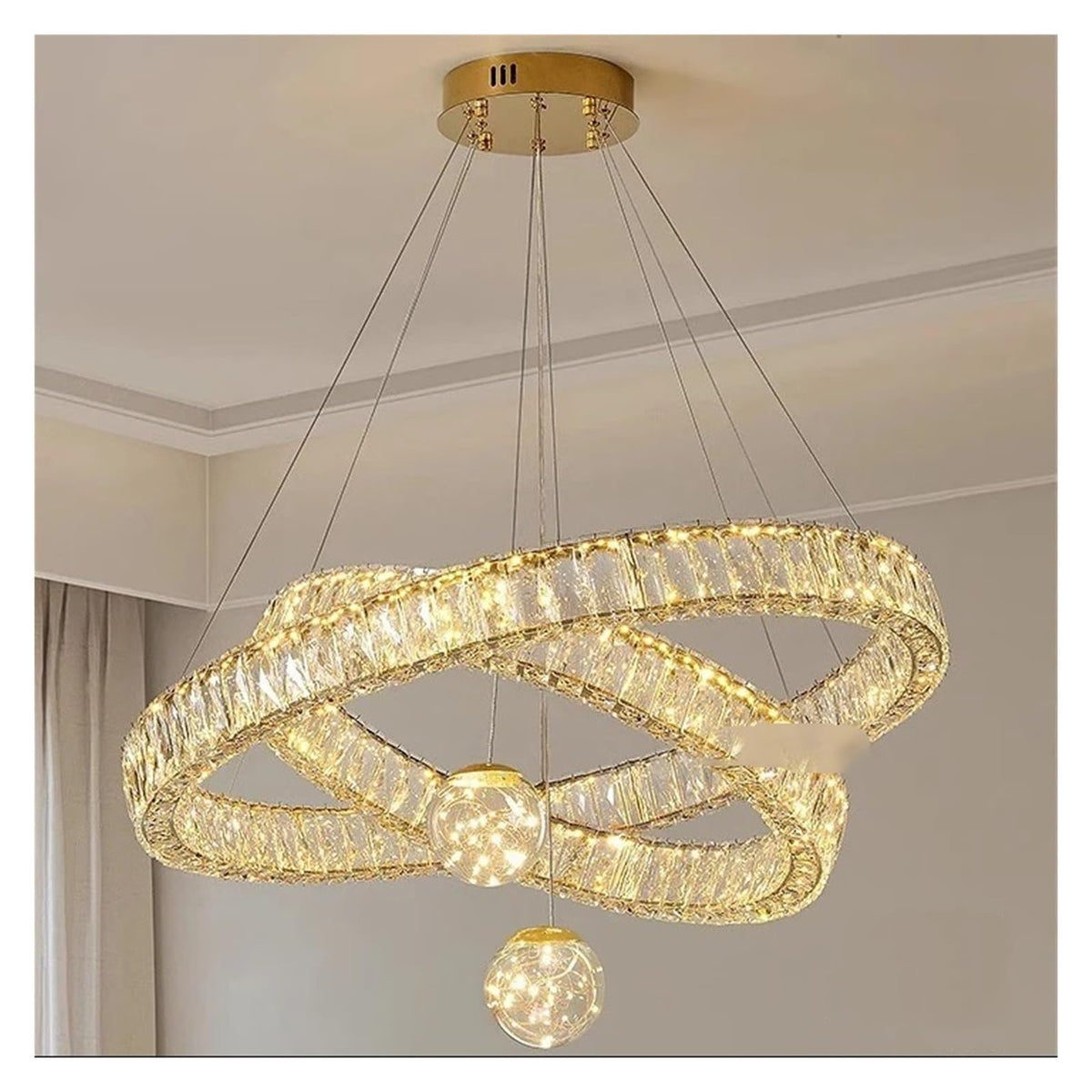 Modern Intertwined Double Ring Crystal LED Pendant Light Gold Frame Irregular Loop Hanging Chandelier,Warmth