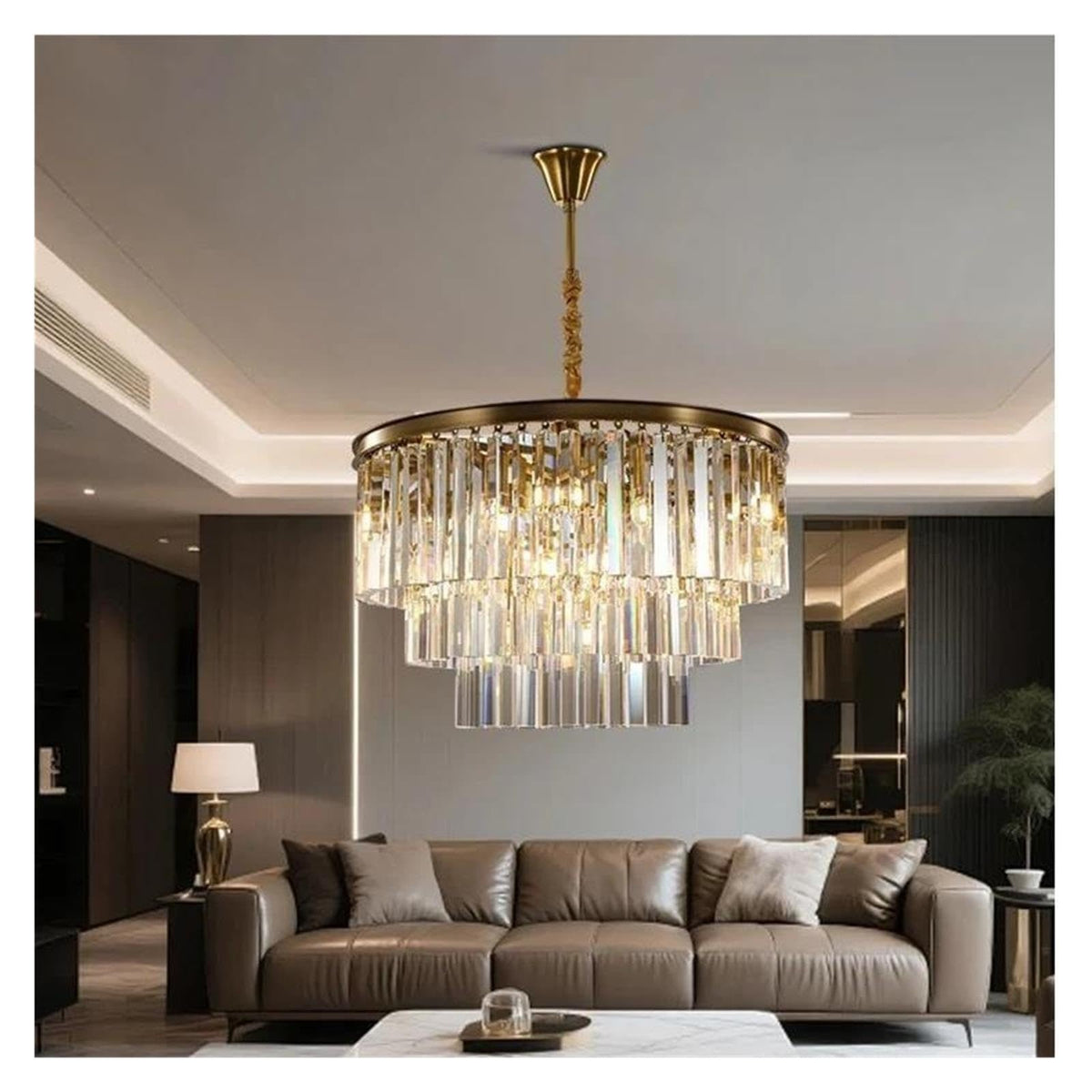 Modern Brushed Gold High Crystal Lightshade Chandelier