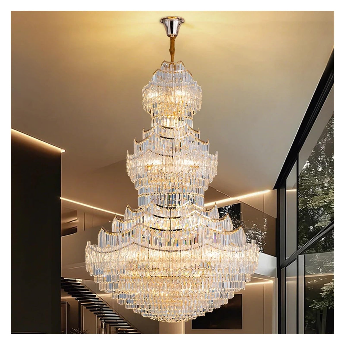 Pagoda Design Crystal Chandelier Large Gold Pendant Light