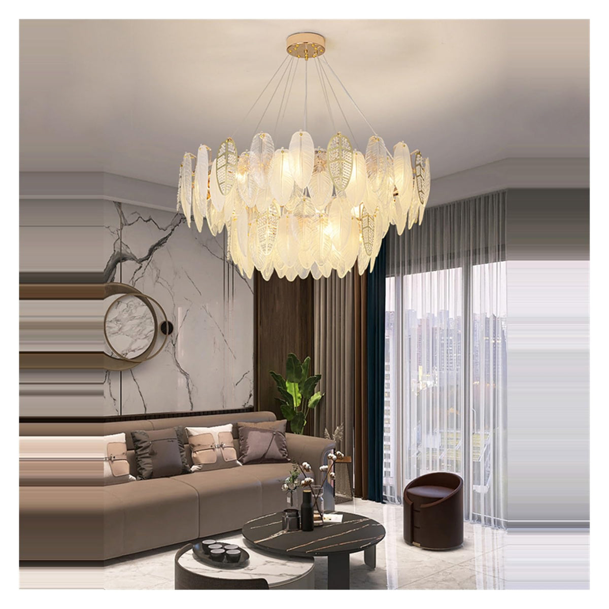 Modern Chandelier, Autumn Leaves Led Art Deco Glass Dimmable Hanging Lamps Designer Suspension Luminaire Lampen Pendant Light for Living Room(130cm Wave,Dimmable+D35x155)