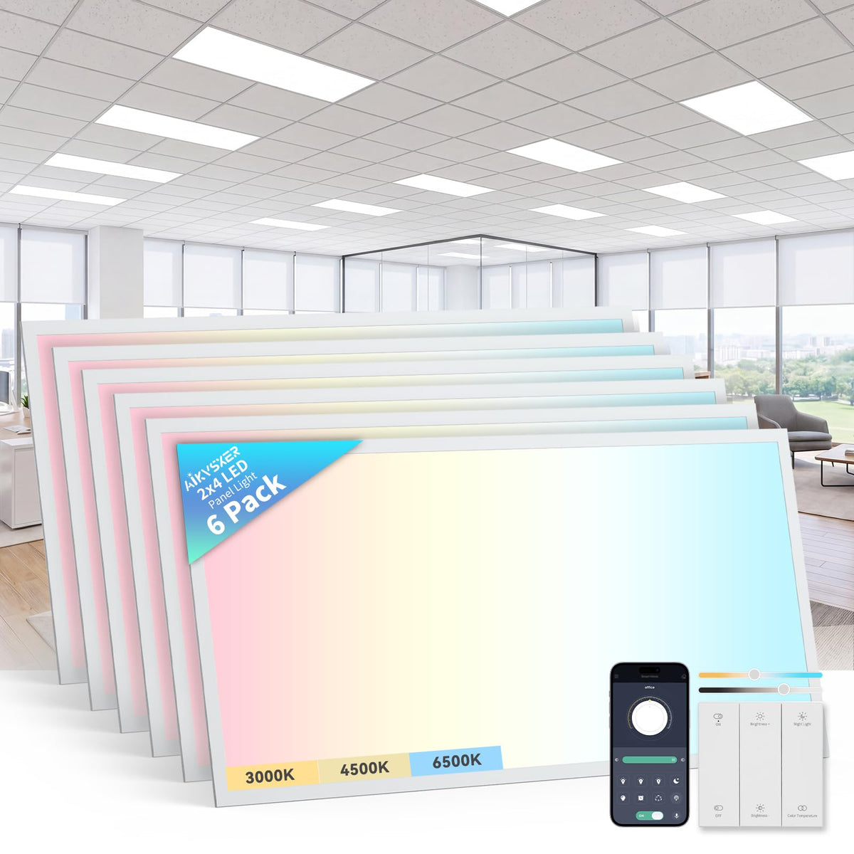AIKVSXER 2x4 LED Flat Panel Light with App & Wireless Switch Control 6Pack