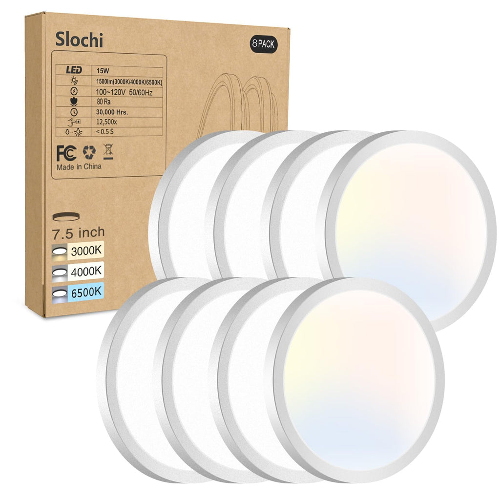 8PACK LED Flush Mount Ceiling Light Fixture, 3000K-4000K-6500K & 150W Equivalent Modern Kitchen Recessed Ceiling Lamp 24W 3200Lm 12Inch Closet Round Surface for Bathroom Laundry Bedroom Hallway
