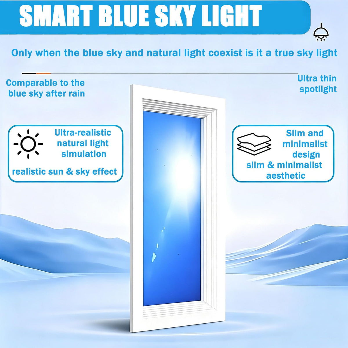 Artificial Skylight with Remote Control, Smart Led Blue Sky Ceiling Light, 3000k-6000k Simulates Natural Daylight with Stepless Dimming, for Windowless Room, Basement Null Embedded-62 * 122cm