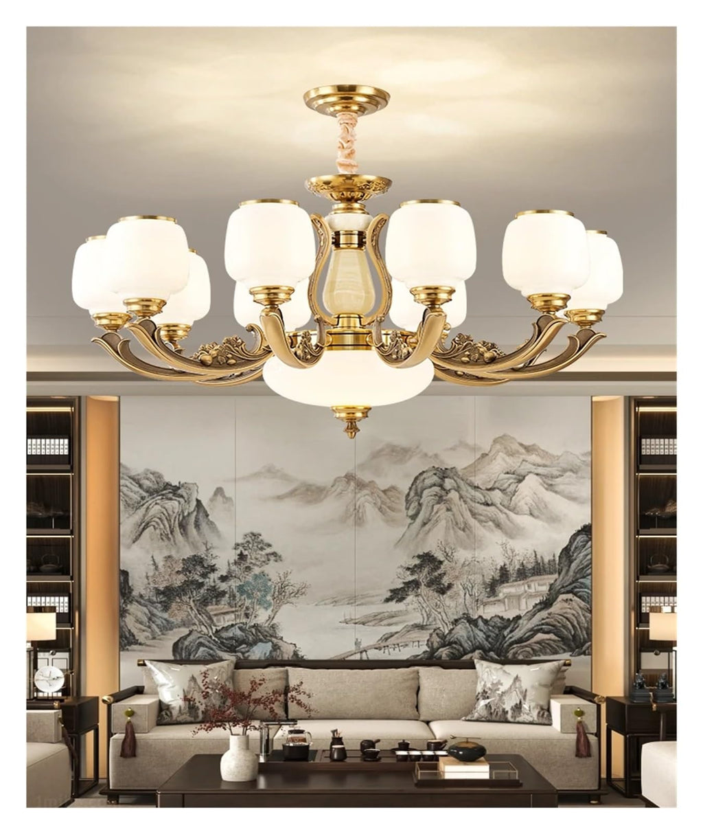 Natural Jade Center Column Glass Lampshade European Chandelier Available for High Ceiling Living Room Dining Room