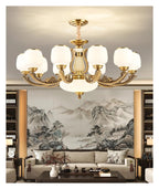 Natural Jade Center Column Glass Lampshade European Chandelier Available for High Ceiling Living Room Dining Room