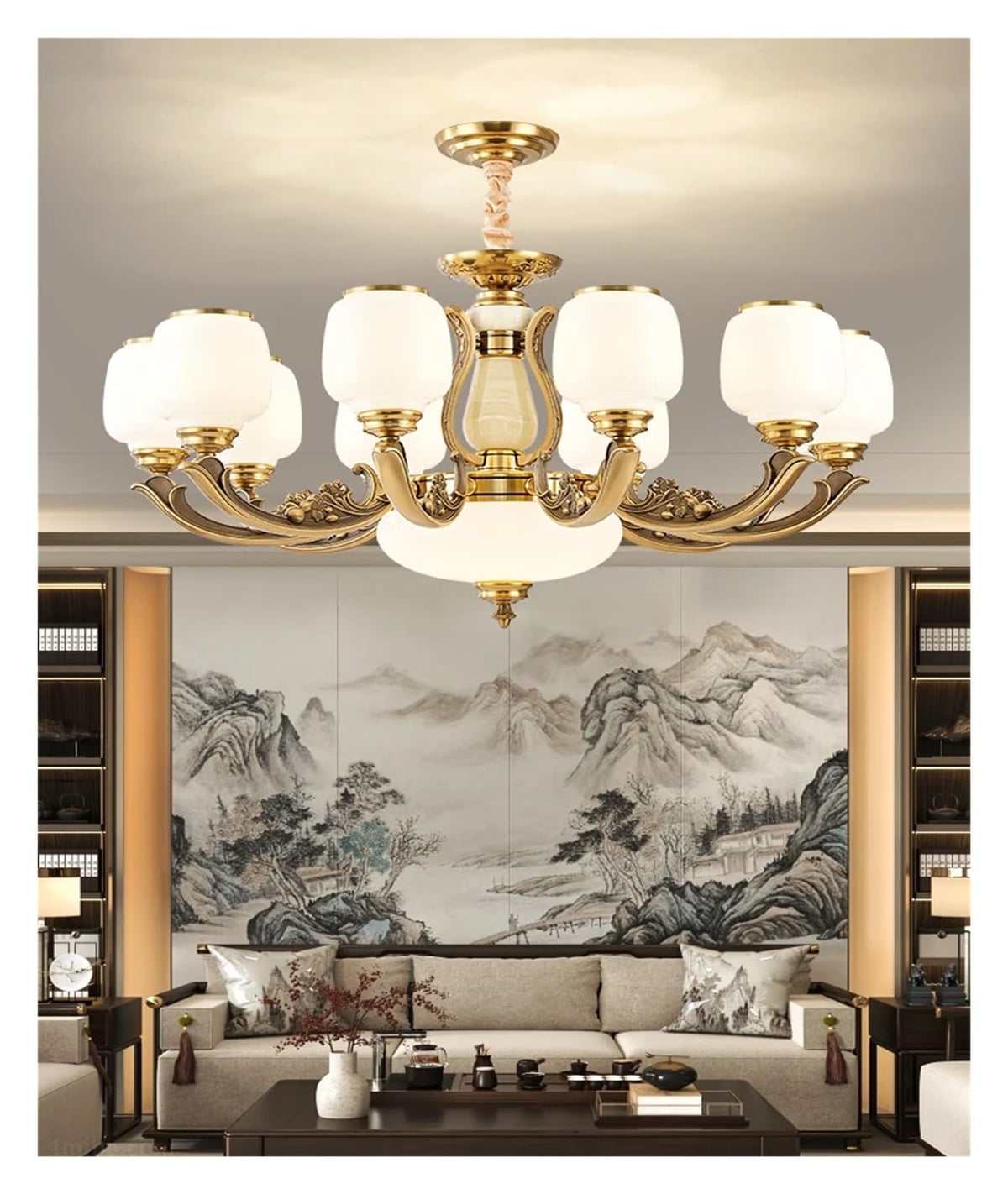 Natural Jade Center Column Glass Lampshade European Chandelier Available for High Ceiling Living Room Dining Room