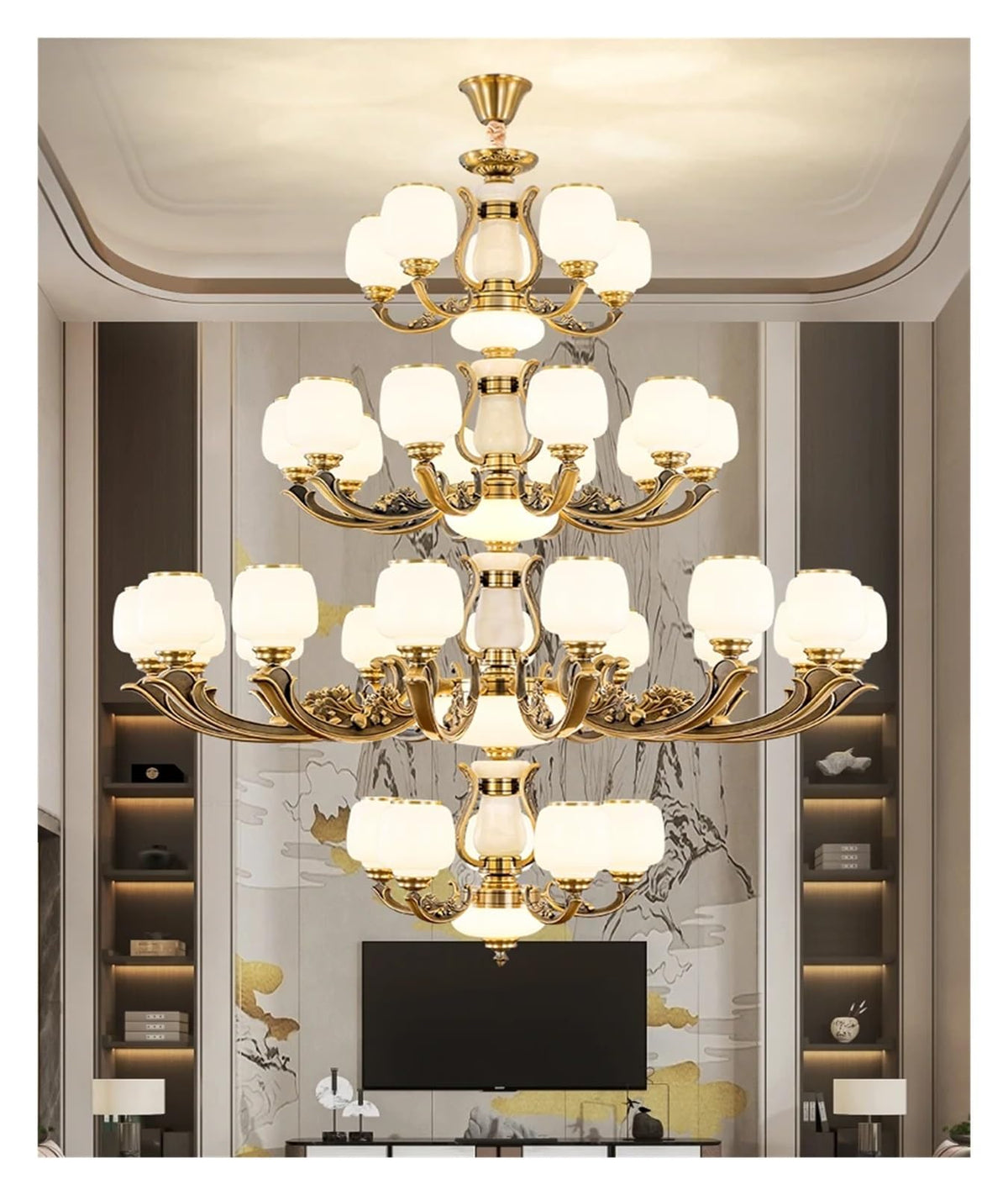 Natural Jade Center Column Glass Lampshade European Chandelier Available for High Ceiling Living Room Dining Room