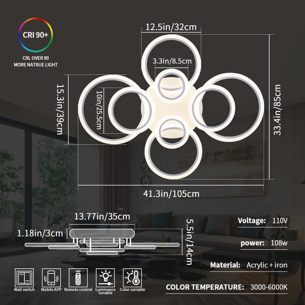 1pc 8 Rings Large Modern LED Ceiling Light with Remote Control with 3pc Small White 4 Rings Ceiling Light Fixture, 3000-6000K Color Temperature Adjustable and Brightness Dimmable