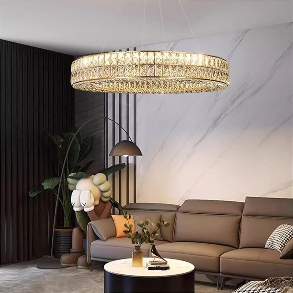 Modern Round Light Luxury Living Room Chandelier 3 Color Mode K9 Crystal Shade Smart Hanging Lamp Gold Semi Flush Mount Ceiling Light Fixture for Villa Restaurant Corridor Hotel
