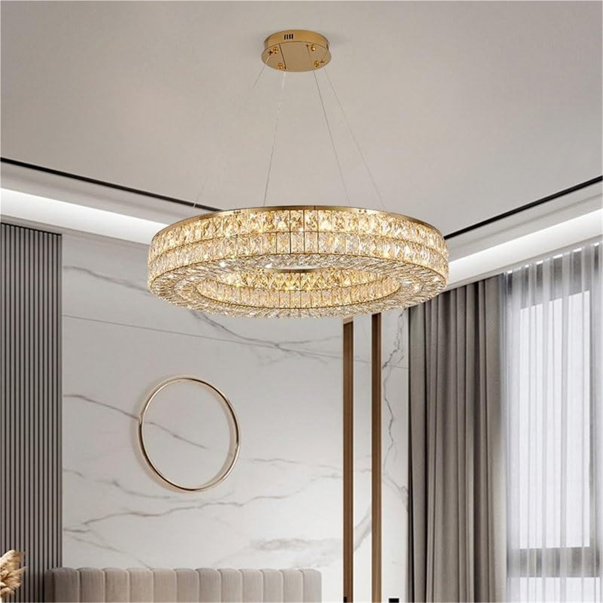 Modern Round Light Luxury Living Room Chandelier 3 Color Mode K9 Crystal Shade Smart Hanging Lamp Gold Semi Flush Mount Ceiling Light Fixture for Villa Restaurant Corridor Hotel