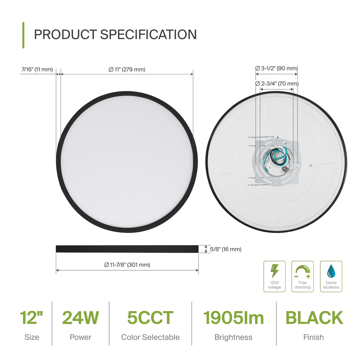 ASD 12" Round LED Flush Mount Ceiling Light 12-Pack | 5CCT | Black