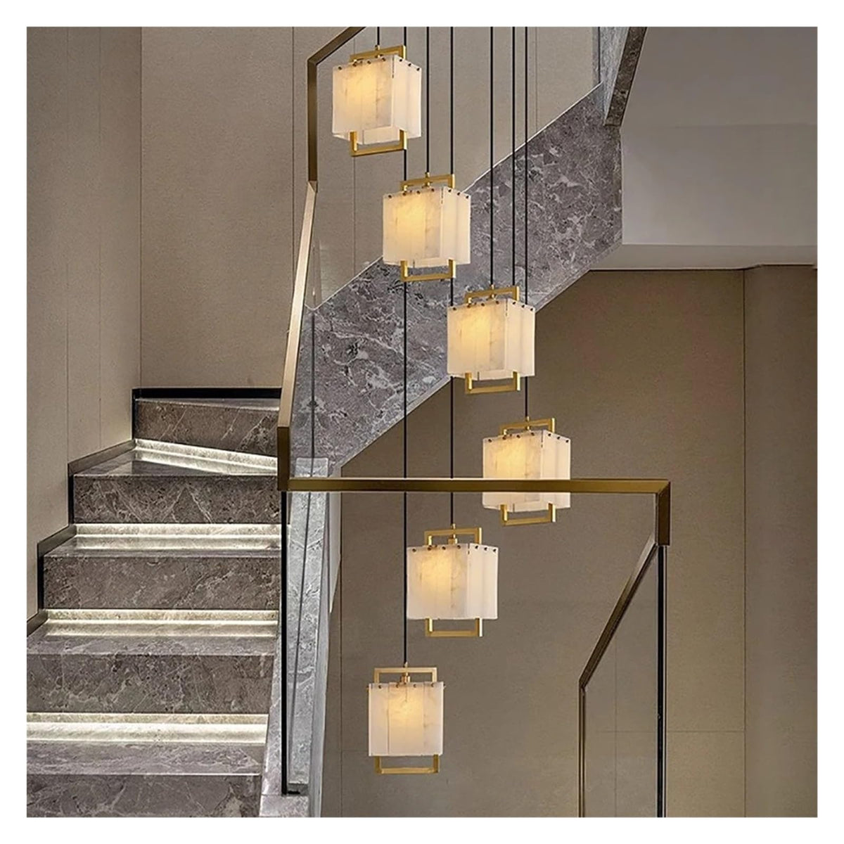 Marble Chandelier Round Rectangle Pendant(Neutral Light 10 Light)