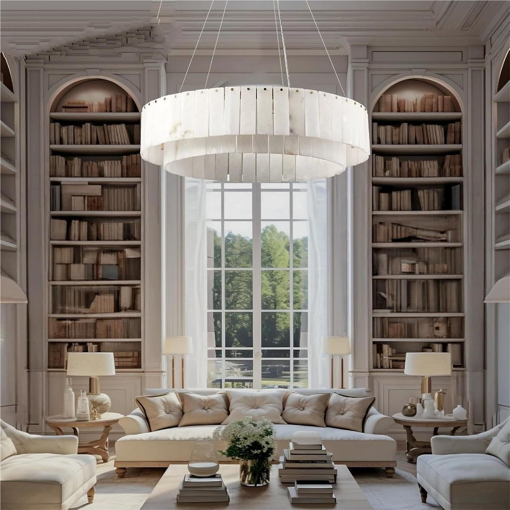 Round Drum Natural Alabaster Chandelier, Modern Marble Shade Pendant Light