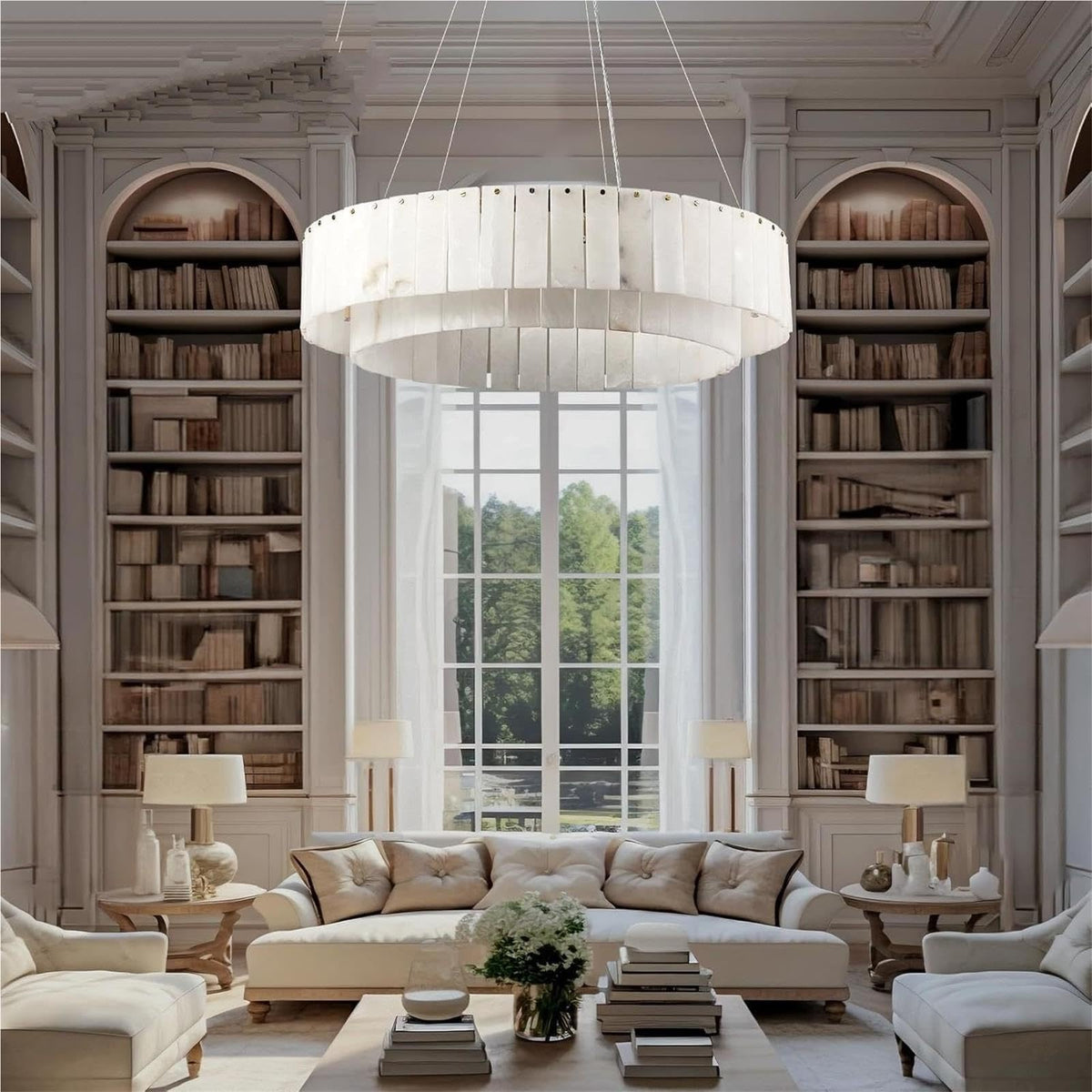 Round Drum Natural Alabaster Chandelier, Modern Marble Shade Pendant Light