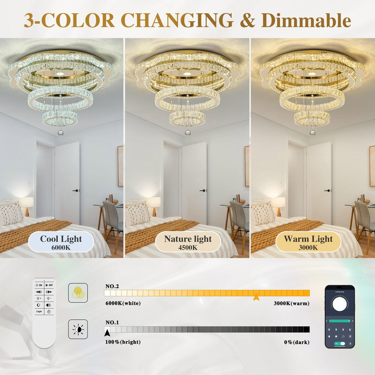 30"Crystal Ceiling Light Modern Gold Flush Mount Chandelier Light Fixture