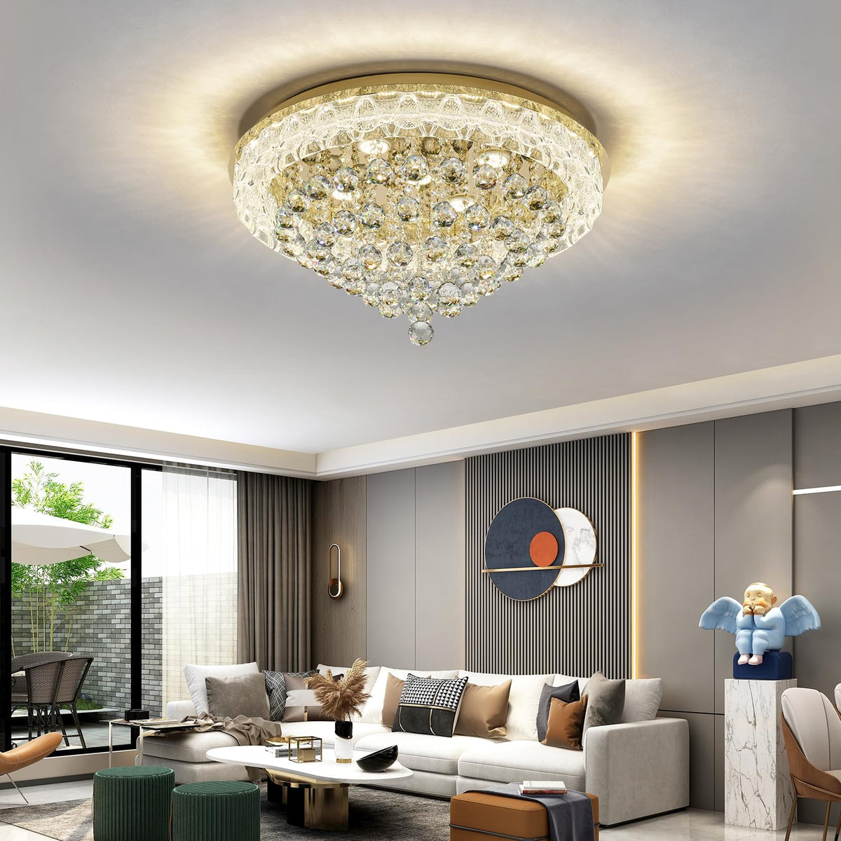 24.5"Crystal Ceiling Light Modern Gold Flush Mount Chandelier Light Fixture