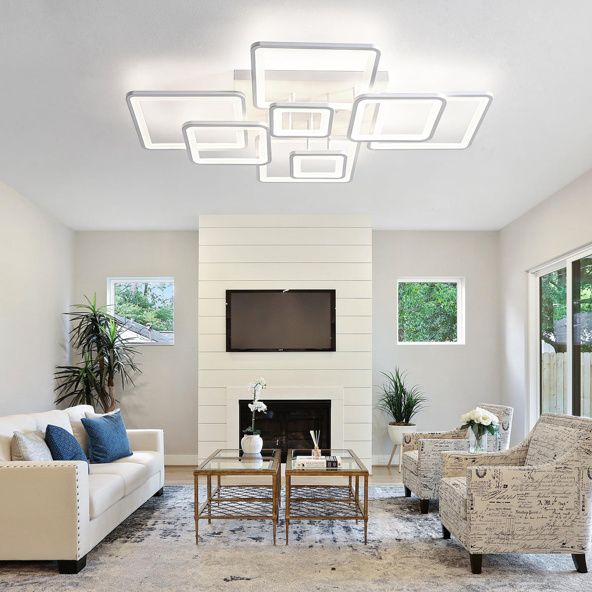 1pc 6 Rings Modern White Light Fixture Ceiling Mount with 1pc 8 Rings Square White Modern LED Ceiling Light Dimmbable Brightness and 3000-6000K Light Color by Remote Control