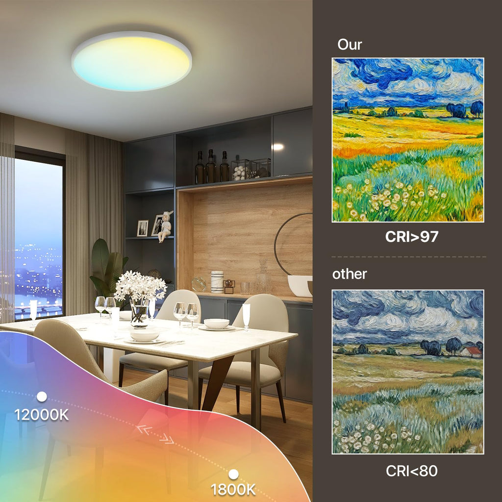 25" Smart LED Ceiling Lights, 1-100% Brightness Dimmable, White