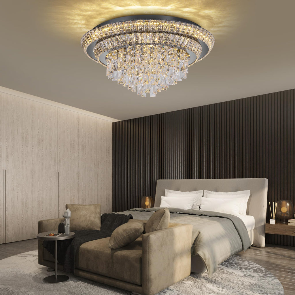 24 Inch Crystal Ceiling Light Flush Mount With Remote and APP Control Black