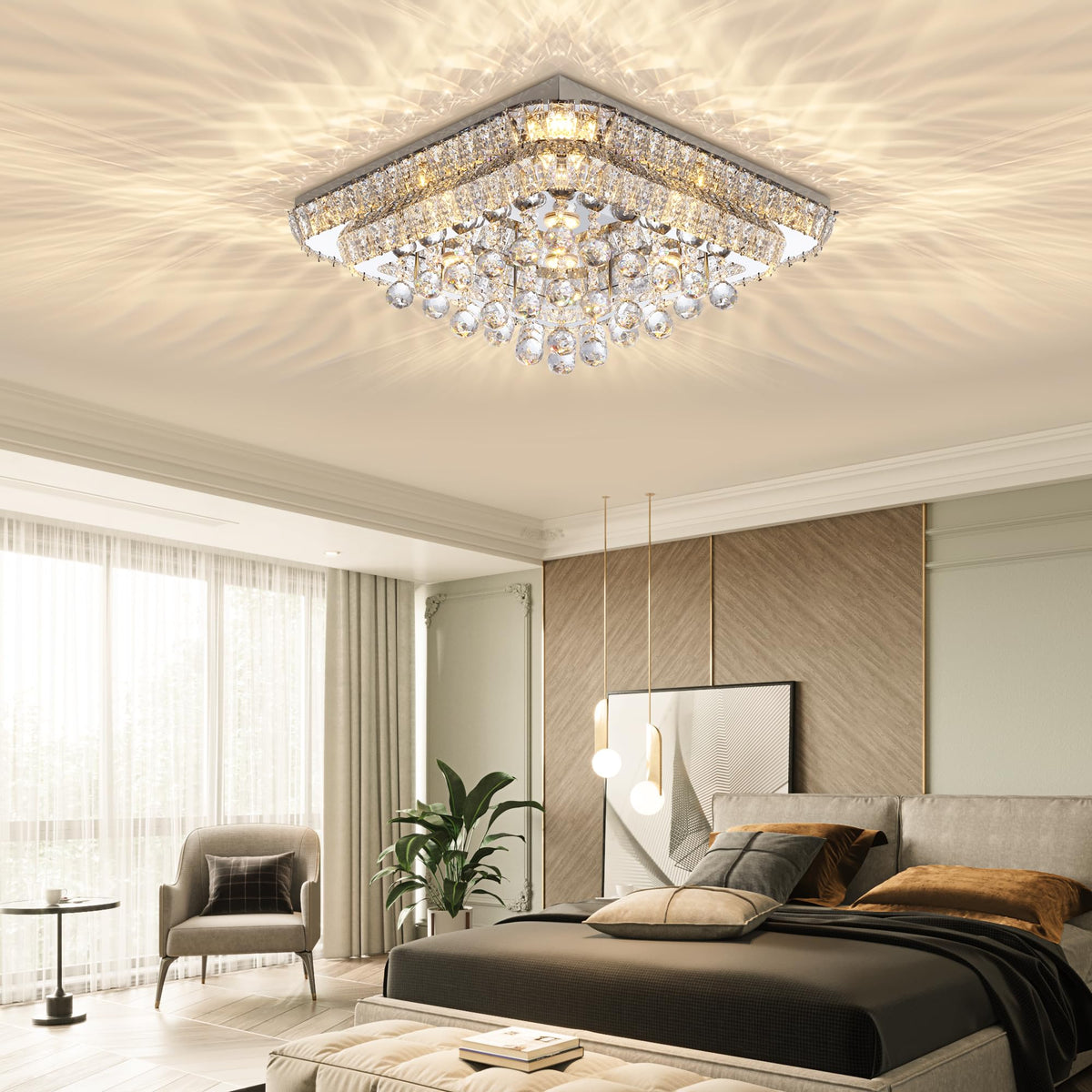 34 inch Silver Crystal Chandeliers,Flush Mount Chandelier LED Ceiling Light