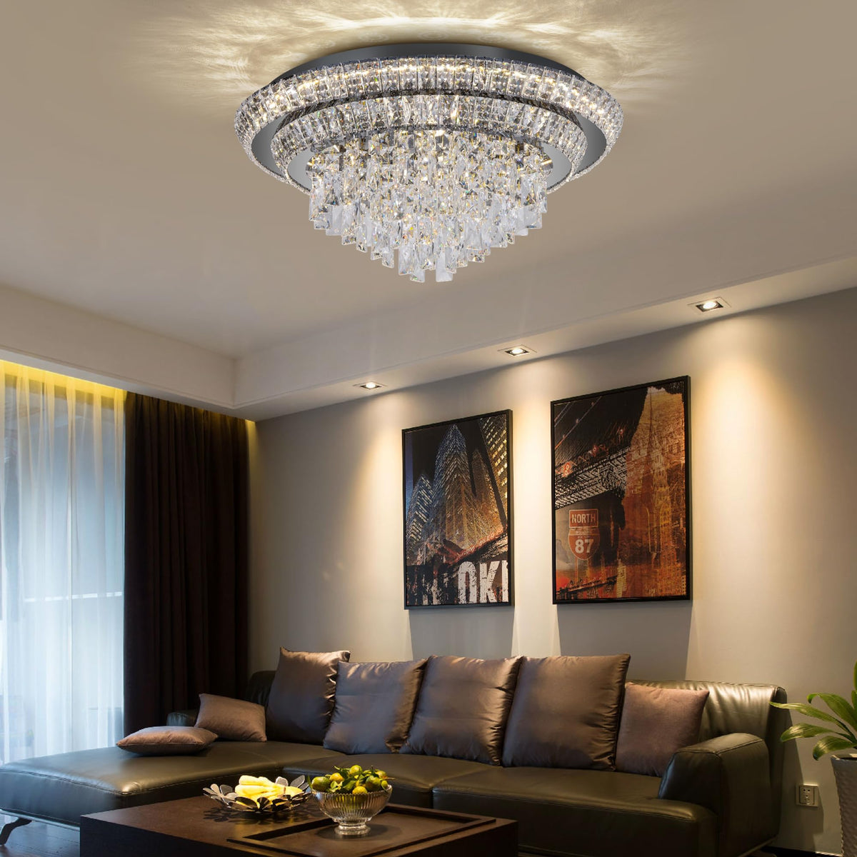 24 Inch Crystal Ceiling Light Flush Mount With Remote and APP Control Black