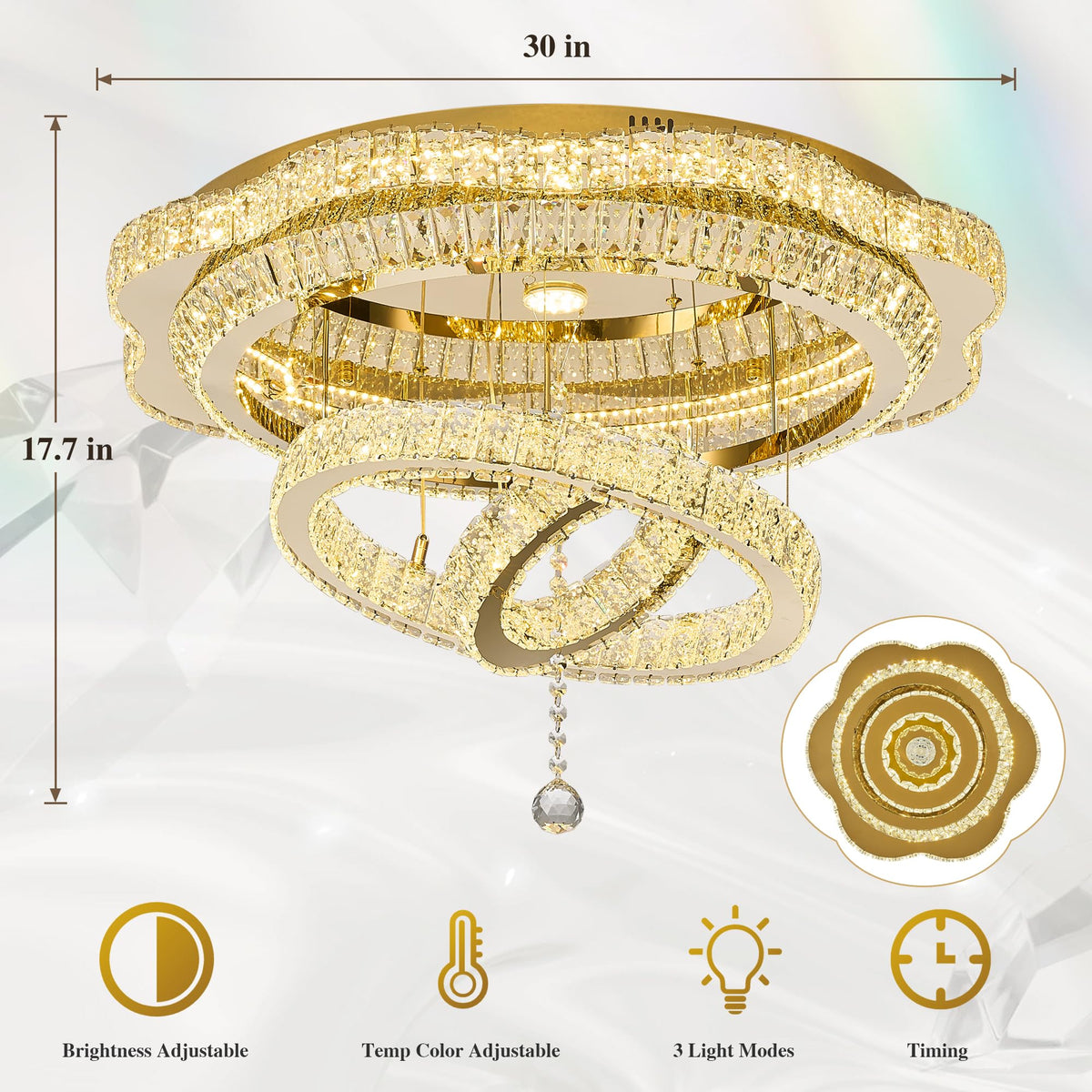30"Crystal Ceiling Light Modern Gold Flush Mount Chandelier Light Fixture