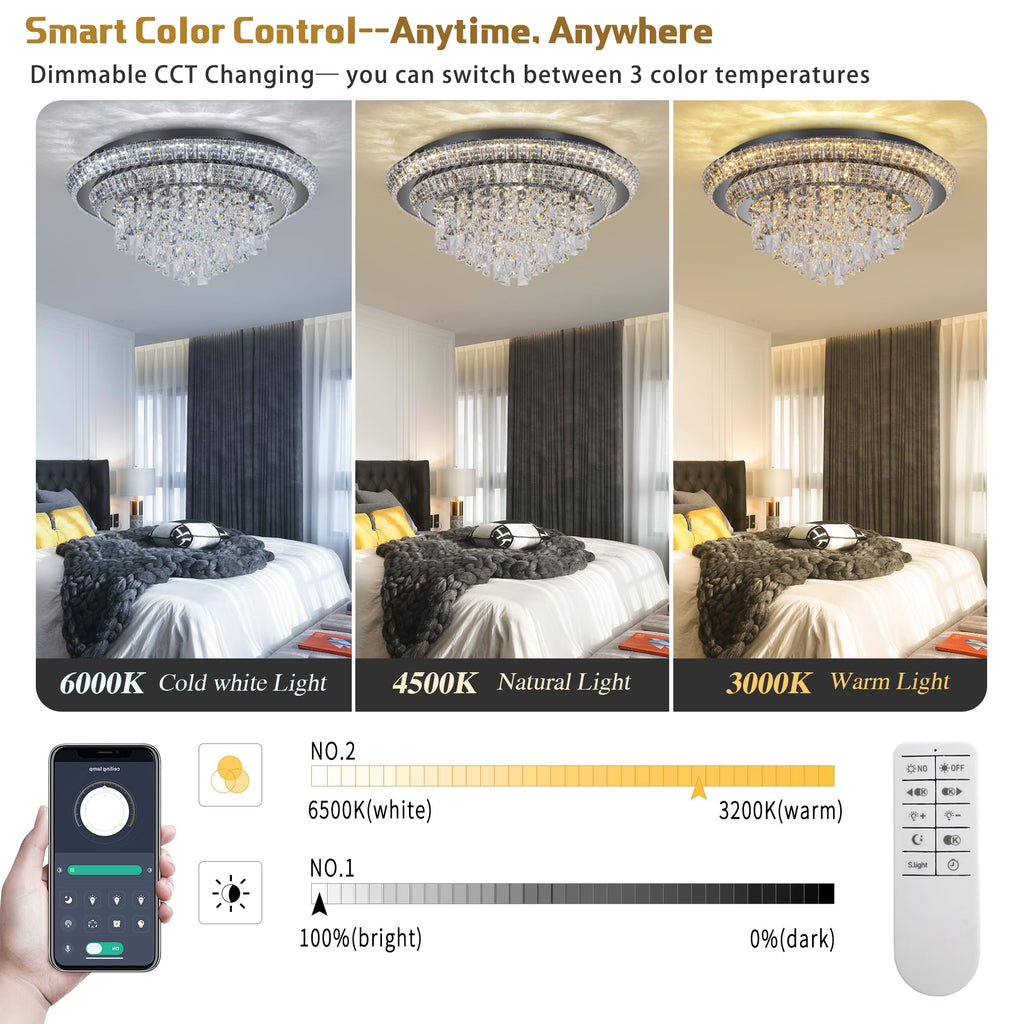 24 Inch Crystal Ceiling Light Flush Mount With Remote and APP Control Black