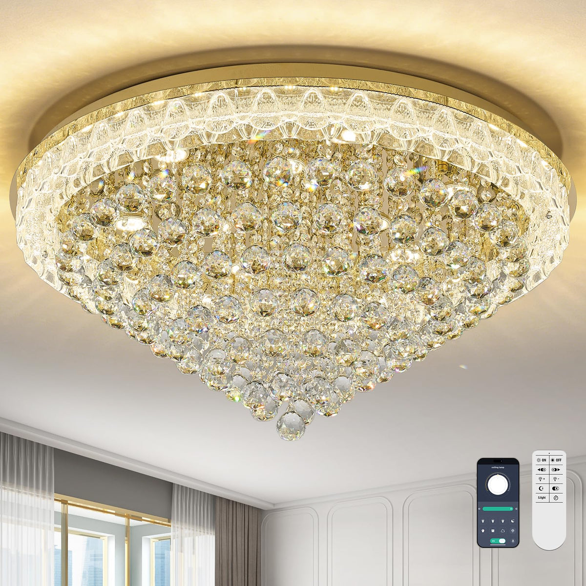32.3"Crystal Ceiling Light Modern Gold Flush Mount Chandelier Light Fixture