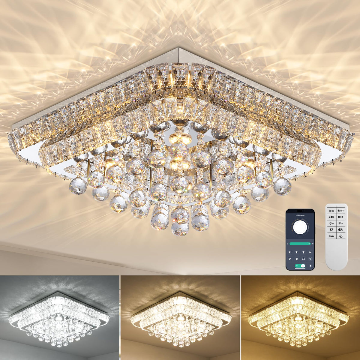 34 inch Silver Crystal Chandeliers,Flush Mount Chandelier LED Ceiling Light