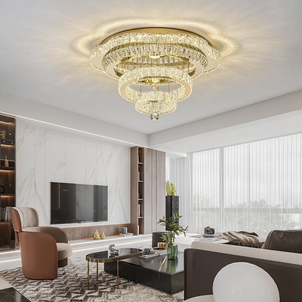 24"Crystal Ceiling Light Modern Gold Flush Mount Chandelier Light Fixture