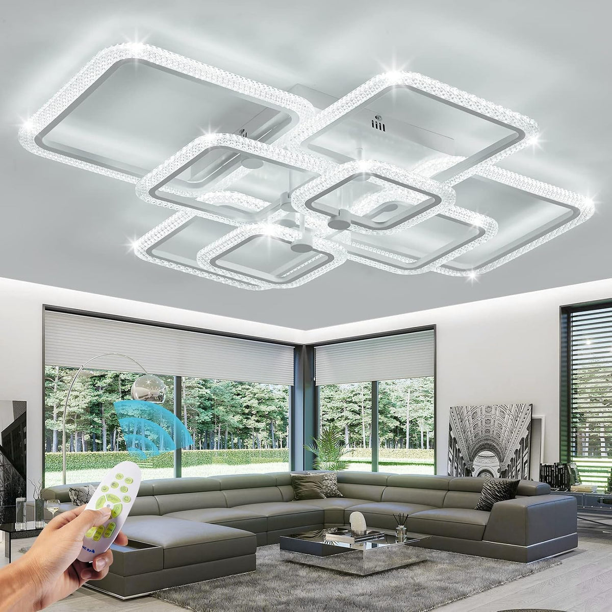 41.3in Modern LED Ceiling Light Fixture Dimmable Crystal Flush Mount Led Ceiling Lights 8 Square Frame with Remote Ceiling Lamps for Living Room Kitchen Bedroom