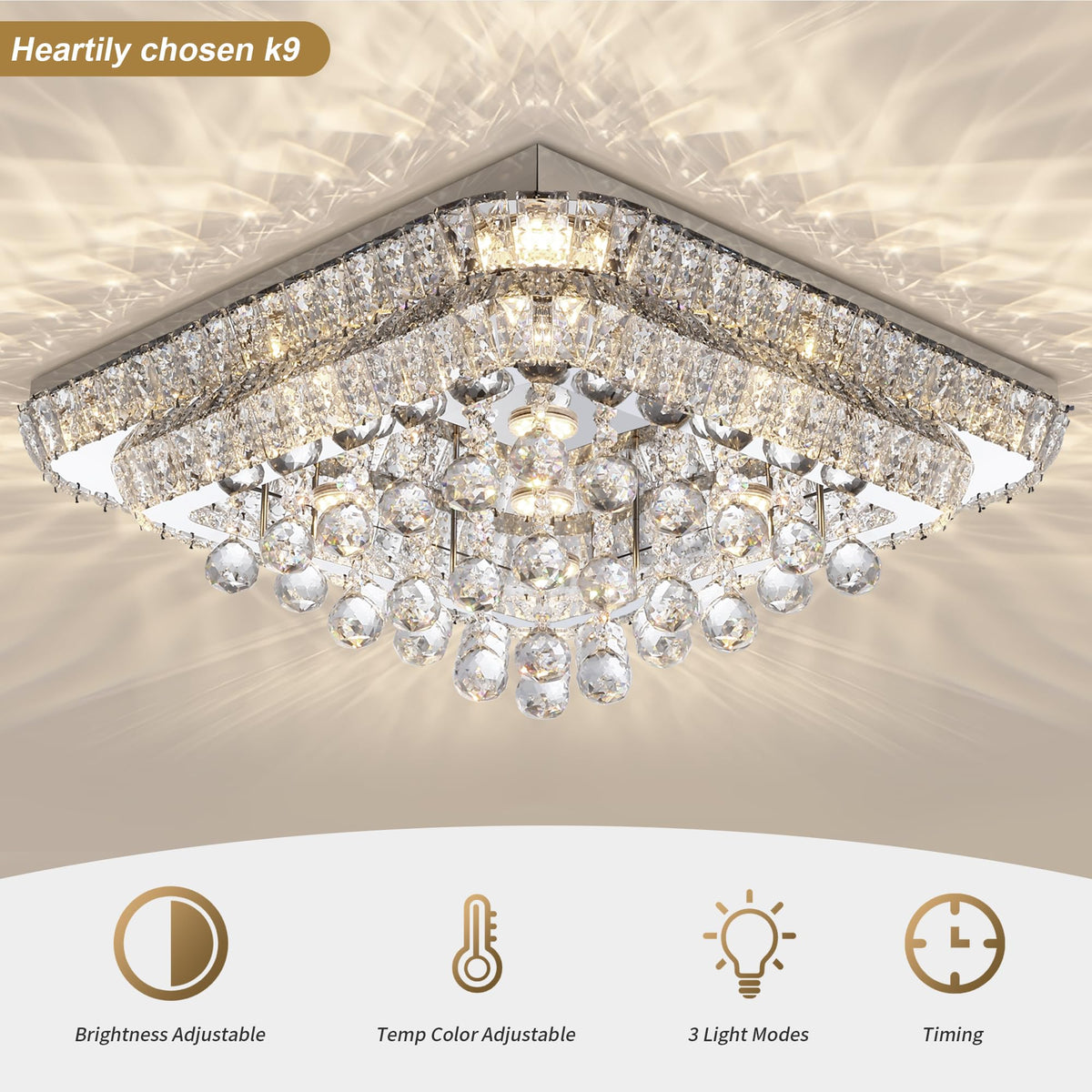 34 inch Silver Crystal Chandeliers,Flush Mount Chandelier LED Ceiling Light