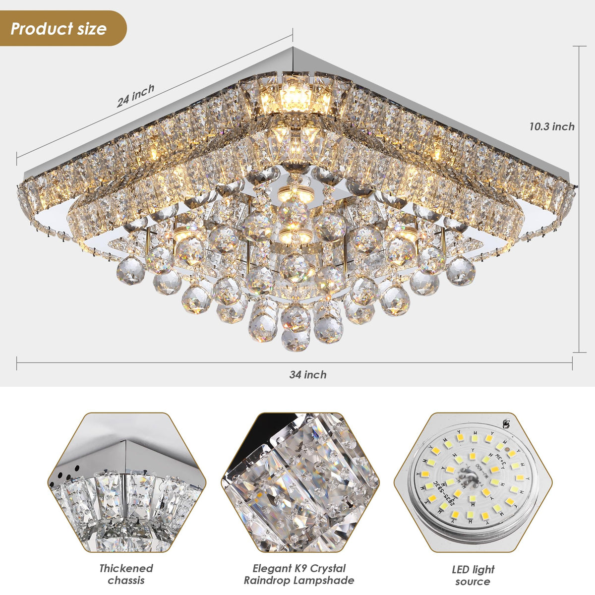 34 inch Silver Crystal Chandeliers,Flush Mount Chandelier LED Ceiling Light