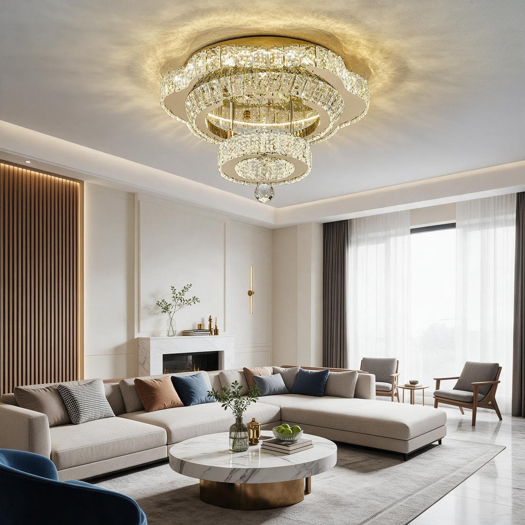 18"Crystal Ceiling Light Modern Gold Flush Mount Chandelier Light Fixture