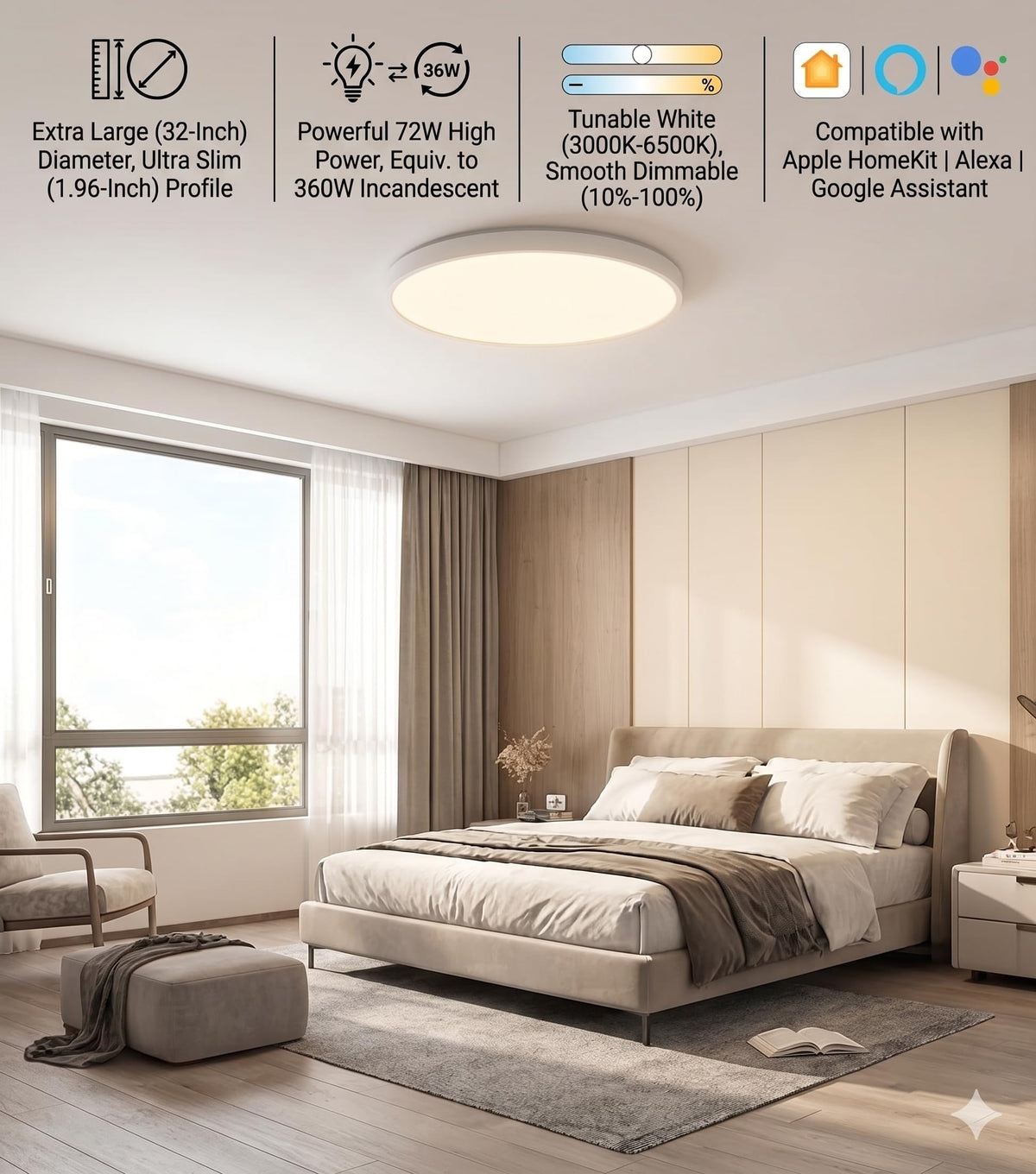 32 Inch Large LED Flush Mount Ceiling Light Fixture, Minimalist, Dimmable
