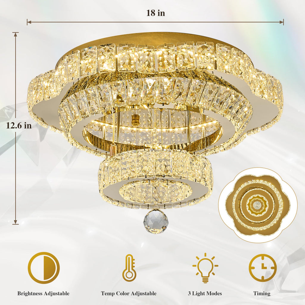 18"Crystal Ceiling Light Modern Gold Flush Mount Chandelier Light Fixture
